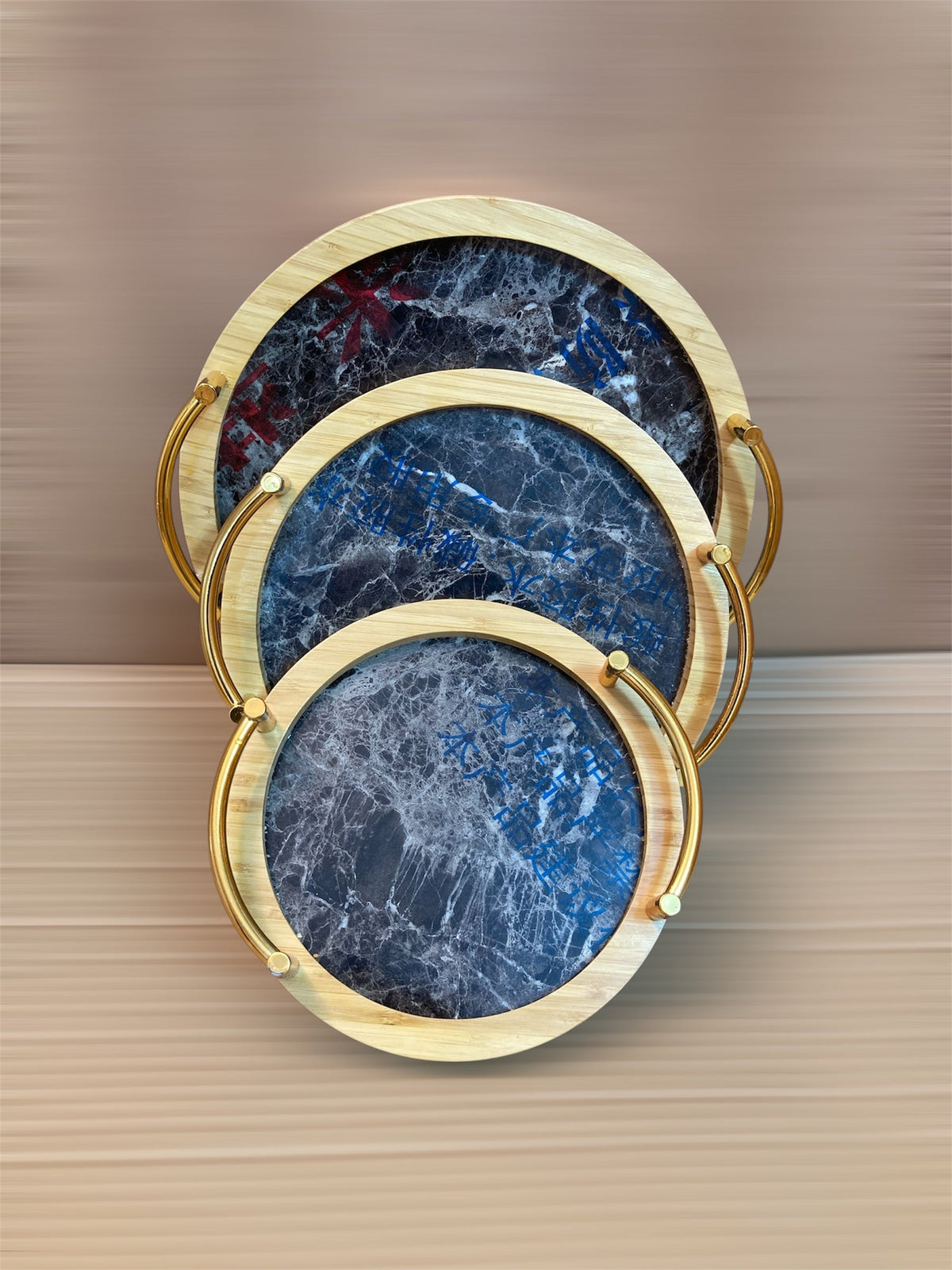 3PCs Bamboo Round Shape Serving Trays Set