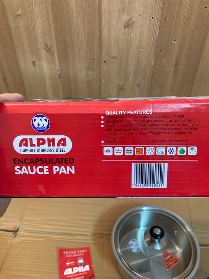 Alpha Durable Stainless Steel Sauce Pan With Glass Lid 20cm